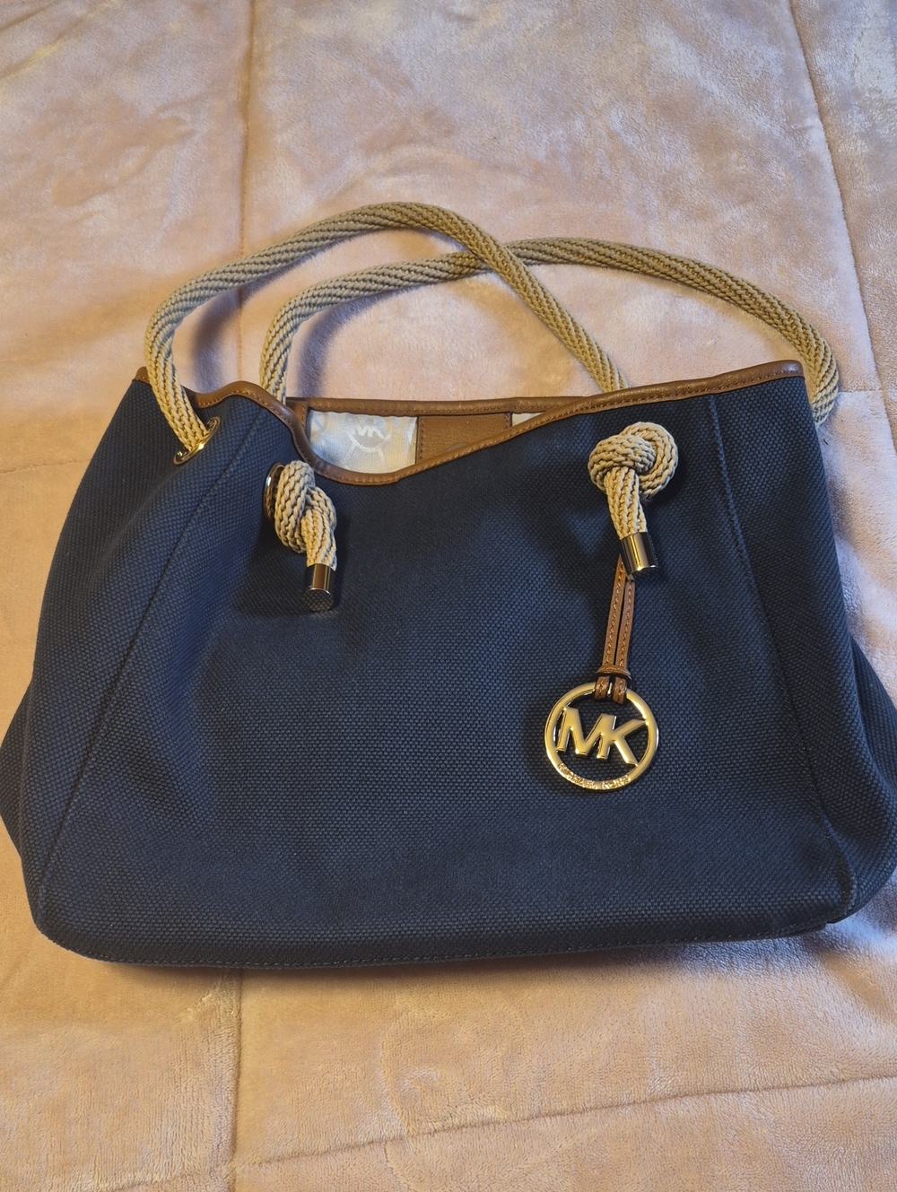 Michael Kors Navy Canvas Tote with Tan Rope Handles and Gold Charm